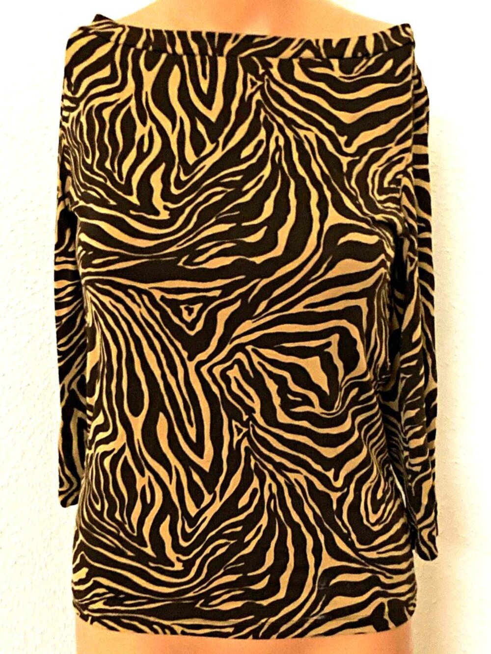 ZARA BASIC Women's M Brown Beige Animal Print Boat Neck 3/4 Sleeve Blouse ZARA B